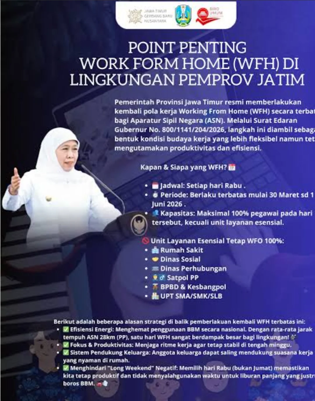 PEMPROV JATIM MULAI HARI INI TERAPKAN WFH, DPRD DUKUNG KEPUTUSAN GUBERNUR KOFIFAH