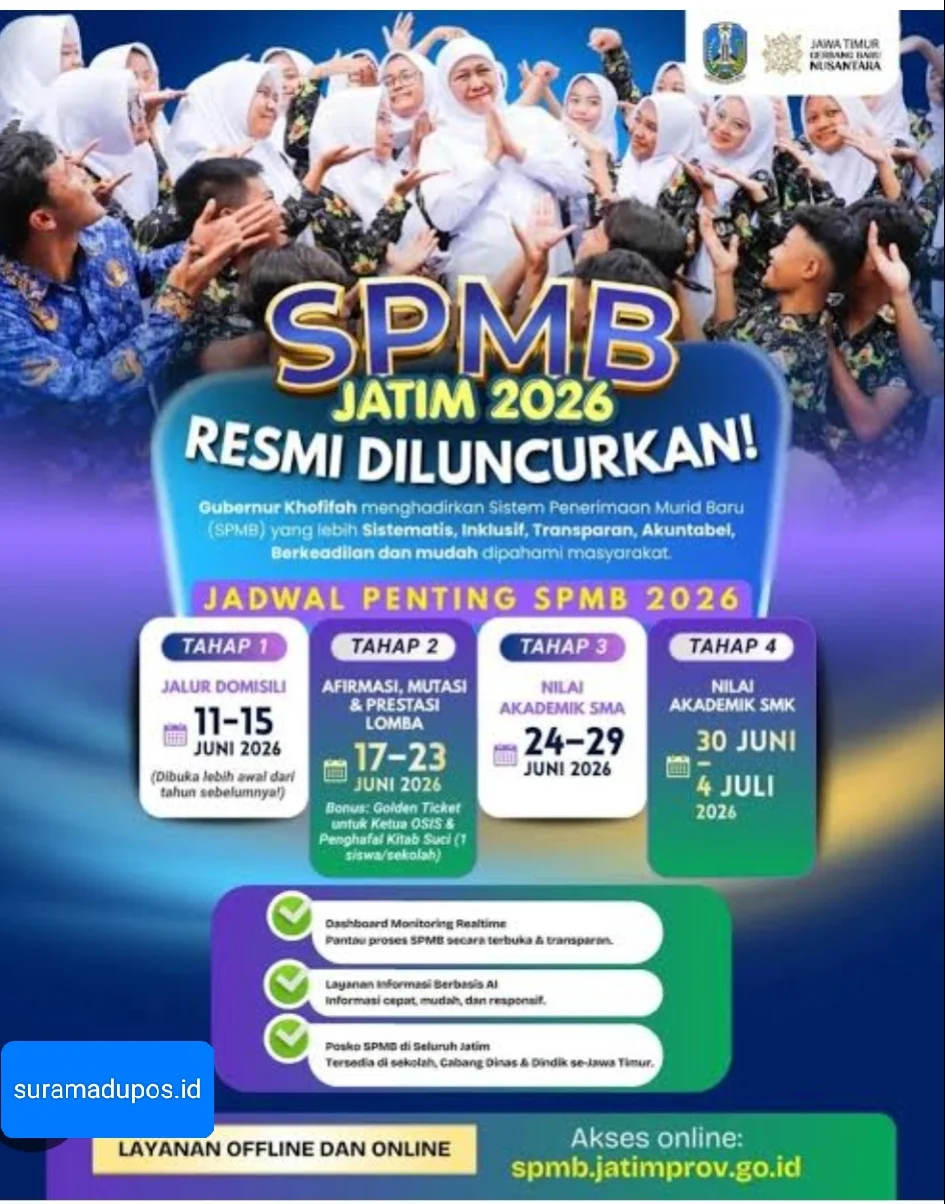Pemerintah Provinsi Jawa Timur resmi meluncurkan Sistem Penerimaan Murid Baru (SPMB) Tahun 2026.