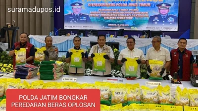 Kepolisian Daerah Jawa Timur (POLDA JATIM ) membongkar peredaran beras kemasan oplosan