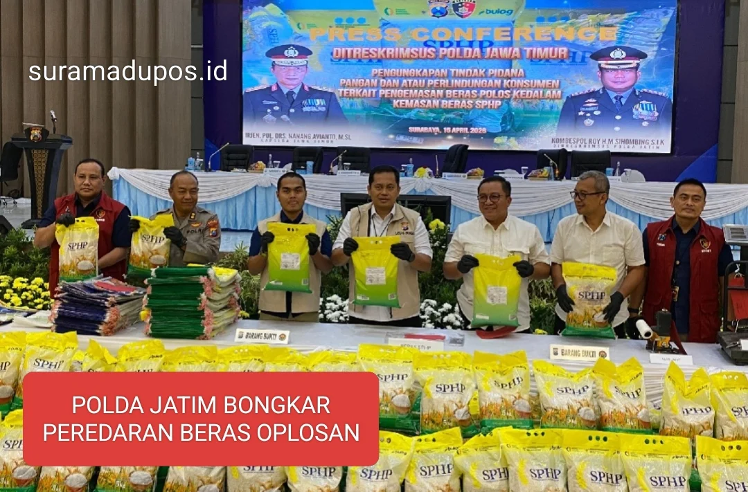 Kepolisian Daerah Jawa Timur (POLDA JATIM ) membongkar peredaran beras kemasan oplosan