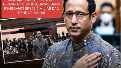 NADIEN MAKARIM MANTAN MENDIKBUDRISTEK DI VONIS PENJARA 1O TAHUN, BAYAR UANG PENGGANTI RP.809.5 MILIAR DAN DENDA 1 MILIAR