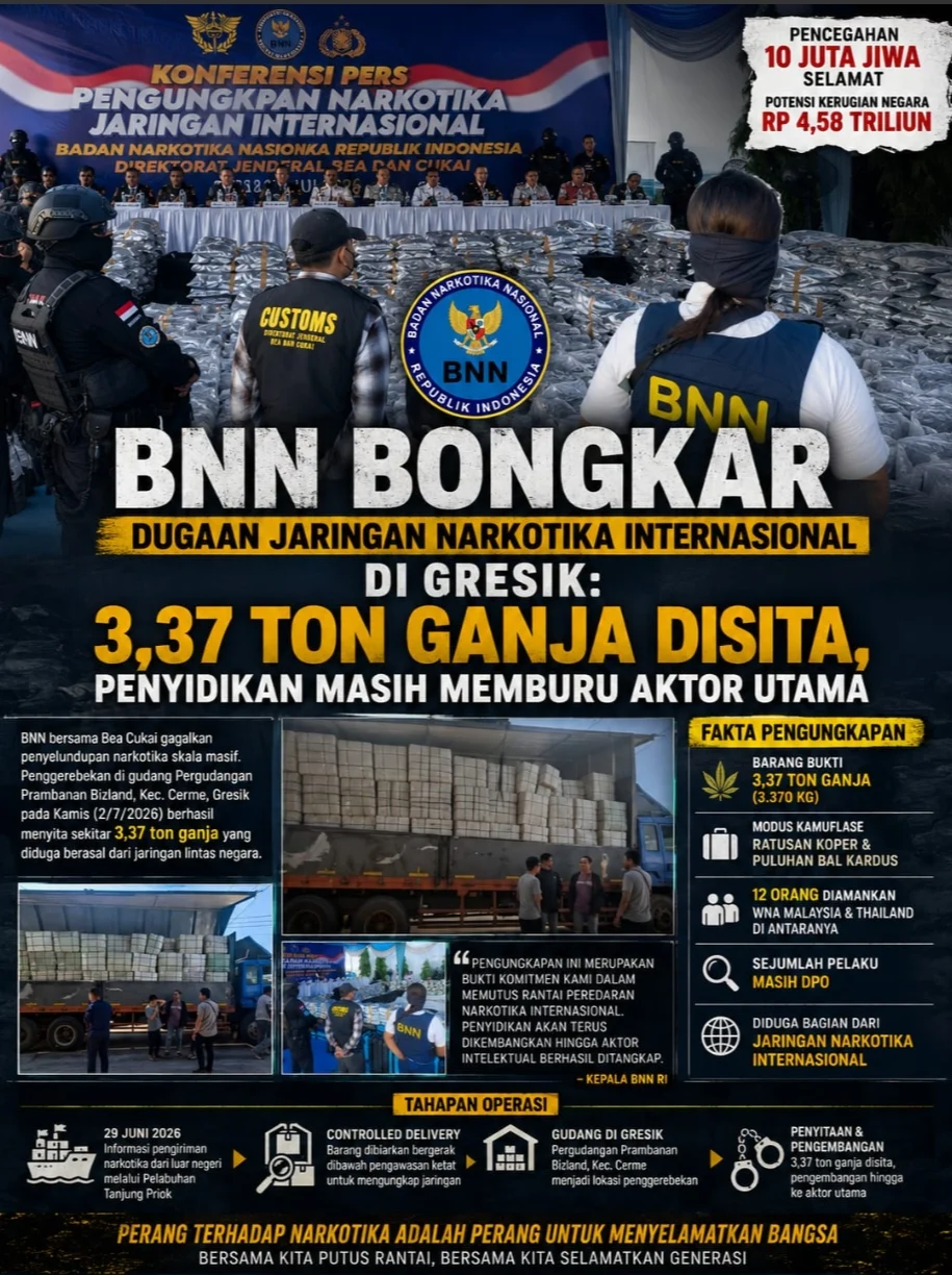 BNN BONGKAR JARINGAN NARKOTIKA INTERNASIONAL DI PERGUDANGAN BIZLAND CERME GRESIK
